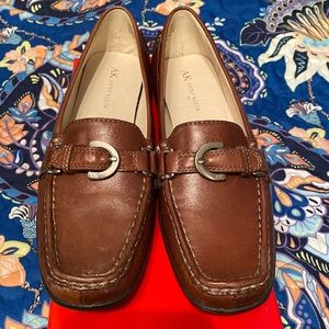 Anne Klein Brown Leather Slip-On Loafers with Metal Bit